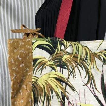 Sac Tiki tropical, tissu vintage années 1950, cabas en toile fait main. Exemplaire 2, recto face A, détails et liens.