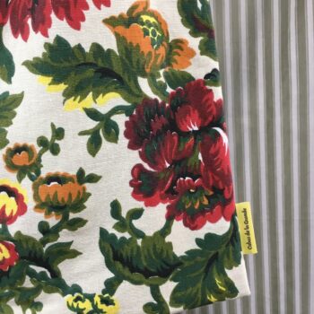 Sac en toile de lin vintage à imprimé fleuri. Exemplaire 2, recto face A, étiquette.