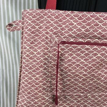 Sac en toile de lin vintage à imprimé fleuri. Exemplaire 2, verso et poches, patte d'attache, détails.