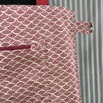 Sac en toile de lin vintage à imprimé fleuri. Exemplaire 2, verso et poches, patte d'attache, détails.