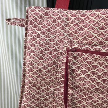 Sac en toile de lin vintage à imprimé fleuri. Exemplaire 1, verso et poches, patte d'attache, détails.