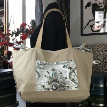 Grand sac de plage beige, cabas en toile vintage. Exemplaire 1, verso, doublure et poche.