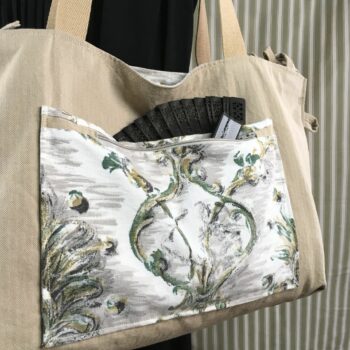 Grand sac de plage beige, cabas en toile vintage. Exemplaire 2, verso, doublure et poche.