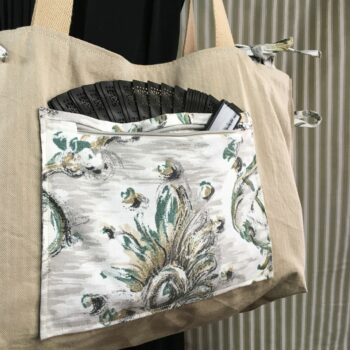 Grand sac de plage beige, cabas en toile vintage. Exemplaire 1, verso, doublure et poche.