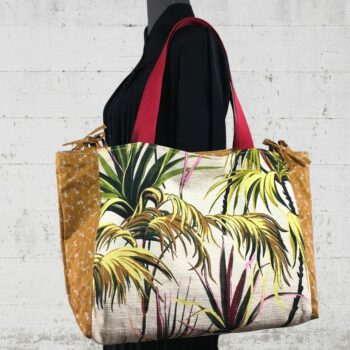Sac Tiki tropical, tissu vintage années 1950, cabas en toile fait main. Fourre-tout réversible, revalorisation textile, création originale.