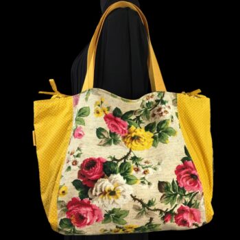 Cabas fleuri en laine et lin, fait main en France. Fourre-tout réversible en tissu vintage revalorisé, accessoire d'inspiration rétro. Recto face B.