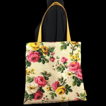 Sac fleuri en laine et lin, fait main en France. Fourre-tout réversible en tissu vintage revalorisé, accessoire d'inspiration rétro. Exemplaire 1. Recto face A.