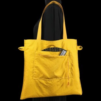 Sac fleuri en laine et lin, fait main en France. Fourre-tout réversible en tissu vintage revalorisé, accessoire d'inspiration rétro. Exemplaire 1. Verso, doublure et poche.