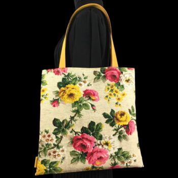 Sac fleuri en laine et lin, fait main en France. Fourre-tout réversible en tissu vintage revalorisé, accessoire d'inspiration rétro. Exemplaire 2. Recto face B.