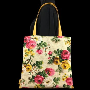 Sac fleuri en laine et lin, fait main en France. Fourre-tout réversible en tissu vintage revalorisé, accessoire d'inspiration rétro. Exemplaire 1. Recto face B.