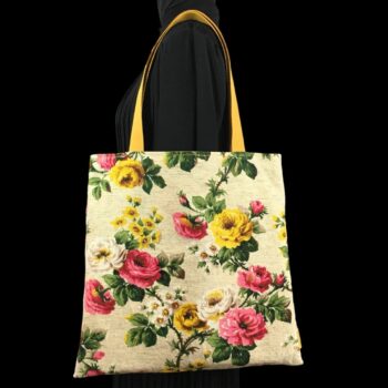 Sac fleuri en laine et lin, fait main en France. Fourre-tout réversible en tissu vintage revalorisé, accessoire d'inspiration rétro. Exemplaire 2. Recto face A.