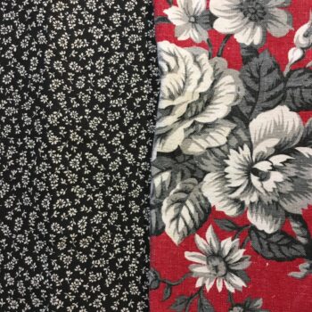 Tissu vintage Bamako et doublure. Coupon ancien à grandes fleurs grises sur fond rouge, dans le style grisaille.