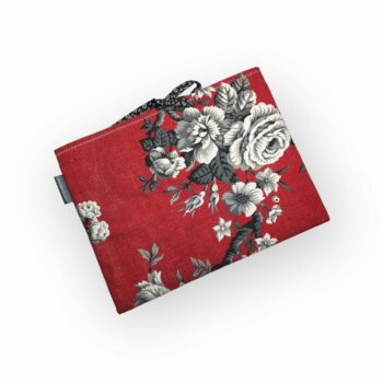 Housse à tablettes matelassée rouge, pochette à livres, création originale pièce unique, tissu vintage des années 1950s revalorisé. Taille S2, exemplaire 1, recto face B.