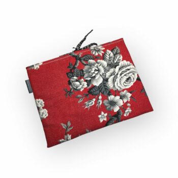 Housse à tablettes matelassée rouge, pochette à livres, création originale pièce unique, tissu vintage des années 1950s revalorisé. Taille S2, exemplaire 3, recto face B.