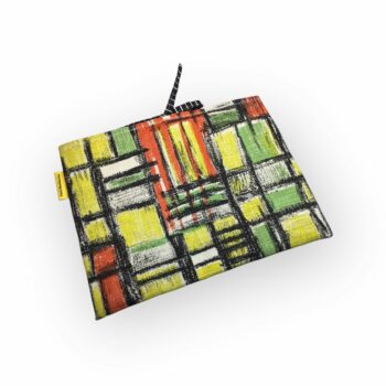 Housse à livres en tissu vintage, étui matelassé pour tablettes, pochette faite main, création originale pièce unique, toile barkcloth années 1960s. Taille S2, exemplaire 1, recto face B.