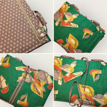 Etui matelassé en tissu vintage années 1950s, avec rabat amovible et poche zippée, pour ordinateur 13 pouces, création originale pièce unique. Détails du système de charnières et de liens.