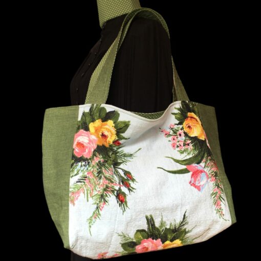 Grand sac de plage fleuri, cabas XXL, en tissu vintage 1950s. Fourre-tout réversible, accessoire d'inspiration rétro, fait main en France.