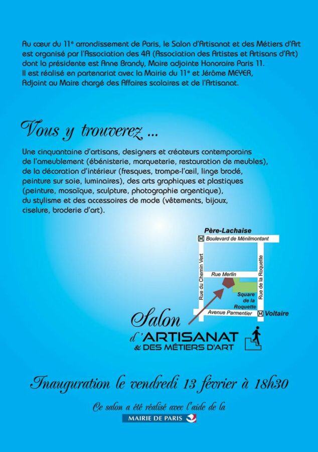 Salon de l'Artisanat et des Métiers d'Art Salle Olympe de Gouges à Paris les 13, 14 et 15 février 2026.