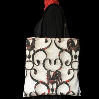 Totebag en tissu vintage baroque, cabas avec dessin de coq. Fourre-tout réversible en toile d'ameublement revalorisée, création originale, fait main. Recto face A. Exemplaire 2.