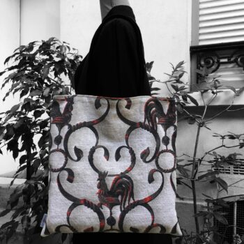 Totebag en tissu vintage baroque, cabas avec dessin de coq. Fourre-tout réversible en toile d'ameublement revalorisée, création originale, fait main. Recto face B. Exemplaire 1.