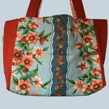 Cabas XXL terracotta rouille, grand sac de plage fleuri en tissu vintage 1950s. Fourre-tout réversible, accessoire d'inspiration rétro, fait main en France. Exemplaire 2, recto face B.