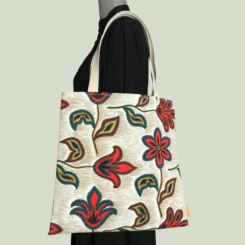 Tote bag fleuri, fleurs stylisées, fait main en France. Sac fourre-tout réversible en tissu vintage revalorisé, accessoire d'inspiration rétro sixties. Exemplaire 1 recto face A.