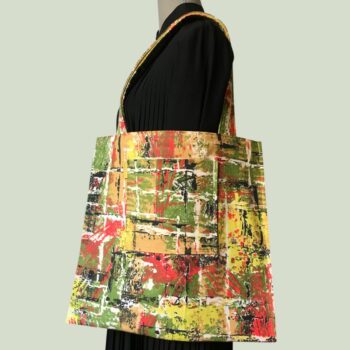 Collection Obi, le cabas Bornéo, sac réalisé dans une ceinture de kimono japonaise vintage et doublure tissu d'ameublement français 1950s, verso avec poche plaquée