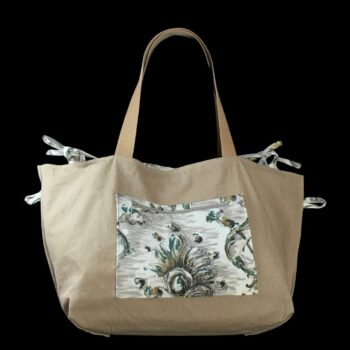 Grand sac de plage beige, cabas en toile vintage. Exemplaire 1, verso, doublure et poche.