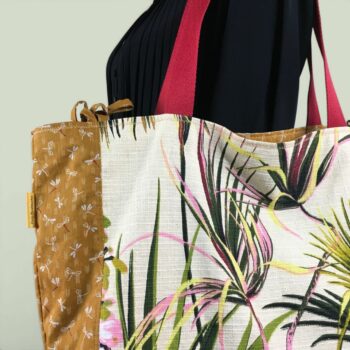Sac Tiki tropical, tissu vintage années 1950, cabas en toile fait main. Exemplaire 1, recto, détails et liens.