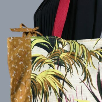 Sac Tiki tropical, tissu vintage années 1950, cabas en toile fait main. Exemplaire 2, recto face A, détails et liens.
