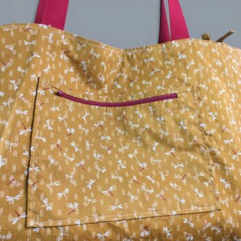 Sac Tiki tropical, tissu vintage années 1950, cabas en toile fait main. Exemplaire 2, verso, doublure et poches, détails.