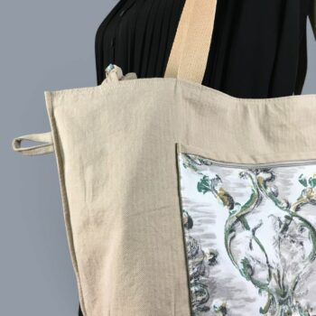 Grand sac de plage beige, cabas en toile vintage. Exemplaire 3, verso, doublure et poche.
