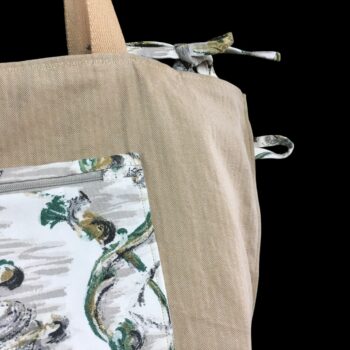 Grand sac de plage beige, cabas en toile vintage. Exemplaire 1, verso, doublure et poche.