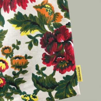 Sac en toile de lin vintage à imprimé fleuri. Exemplaire 2, recto face A, étiquette.