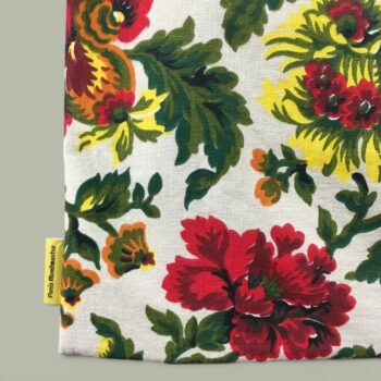 Sac en toile de lin vintage à imprimé fleuri. Exemplaire 2, recto face B, étiquette.