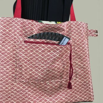 Sac en toile de lin vintage à imprimé fleuri. Exemplaire 2, verso et poches, patte d'attache.