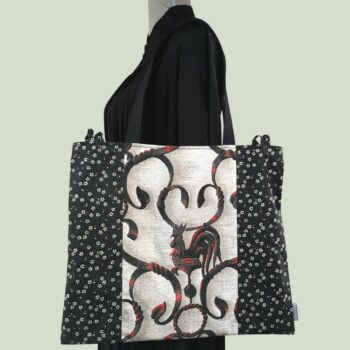 Sac en tissu vintage baroque, cabas girouette avec dessin de coq. Fourre-tout réversible en toile d'ameublement revalorisée, création originale, fait main. Recto face A.