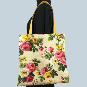 Sac fleuri en laine et lin, fait main en France. Fourre-tout réversible en tissu vintage revalorisé, accessoire d'inspiration rétro. Exemplaire 1. Recto face A.