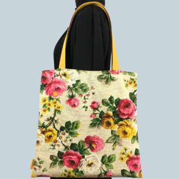 Sac fleuri en laine et lin, fait main en France. Fourre-tout réversible en tissu vintage revalorisé, accessoire d'inspiration rétro. Exemplaire 1. Recto face B.