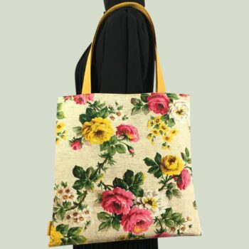 Sac fleuri en laine et lin, fait main en France. Fourre-tout réversible en tissu vintage revalorisé, accessoire d'inspiration rétro. Exemplaire 2. Recto face B.