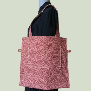 Sac souple en toile vintage, tissu 1950s 1960s en coton texturé Baltimore par Beldecor, doublure Myosotis de Safeco, motif japonais Wasurenagusa, doublure et poche.