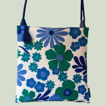 Petite sacoche, sac bandoulière Flower Power dans un tissu vintage de 1969, Aubade, dessin de Pascaline Villon, Romanex de Boussac. Recto face A.
