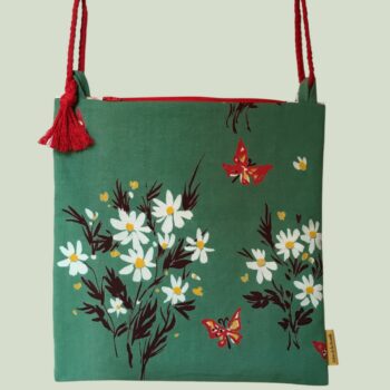 Sac vintage, dessin d'artiste signé Fumeron, pièce de collection. Petite sacoche doublée réversible. Accessoire d'inspiration rétro, fait main en France. Option rouge, exemplaire 1, recto face A.