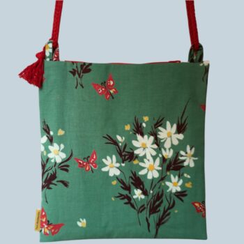 Sac vintage, dessin d'artiste signé Fumeron, pièce de collection. Petite sacoche doublée réversible. Accessoire d'inspiration rétro, fait main en France. Option rouge, exemplaire 2, recto face B.