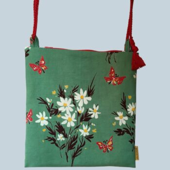 Sac vintage, dessin d'artiste signé Fumeron, pièce de collection. Petite sacoche doublée réversible. Accessoire d'inspiration rétro, fait main en France. Option rouge, exemplaire 2, recto face A.