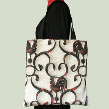 Totebag en tissu vintage baroque, cabas avec dessin de coq. Fourre-tout réversible en toile d'ameublement revalorisée, création originale, fait main. Recto face A. Exemplaire 2.