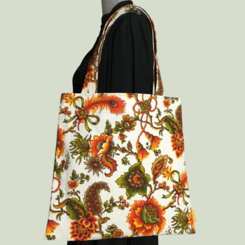 Sac vintage en toile, imprimé baroque de style orientaliste, Madras par Beldecor. Fourre-tout réversible en tissu revalorisé, création originale. Recto face A.
