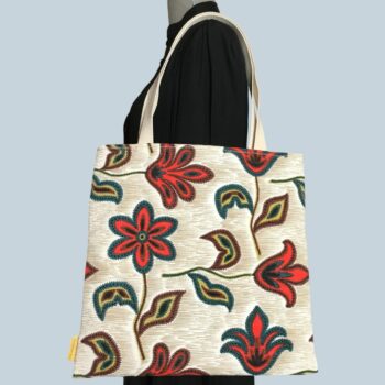 Tote bag fleuri, fleurs stylisées, fait main en France. Sac fourre-tout réversible en tissu vintage revalorisé, accessoire d'inspiration rétro sixties. Exemplaire 2 recto face B.