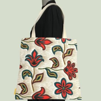 Tote bag fleuri, fleurs stylisées, fait main en France. Sac fourre-tout réversible en tissu vintage revalorisé, accessoire d'inspiration rétro sixties. Exemplaire 3 recto face B.