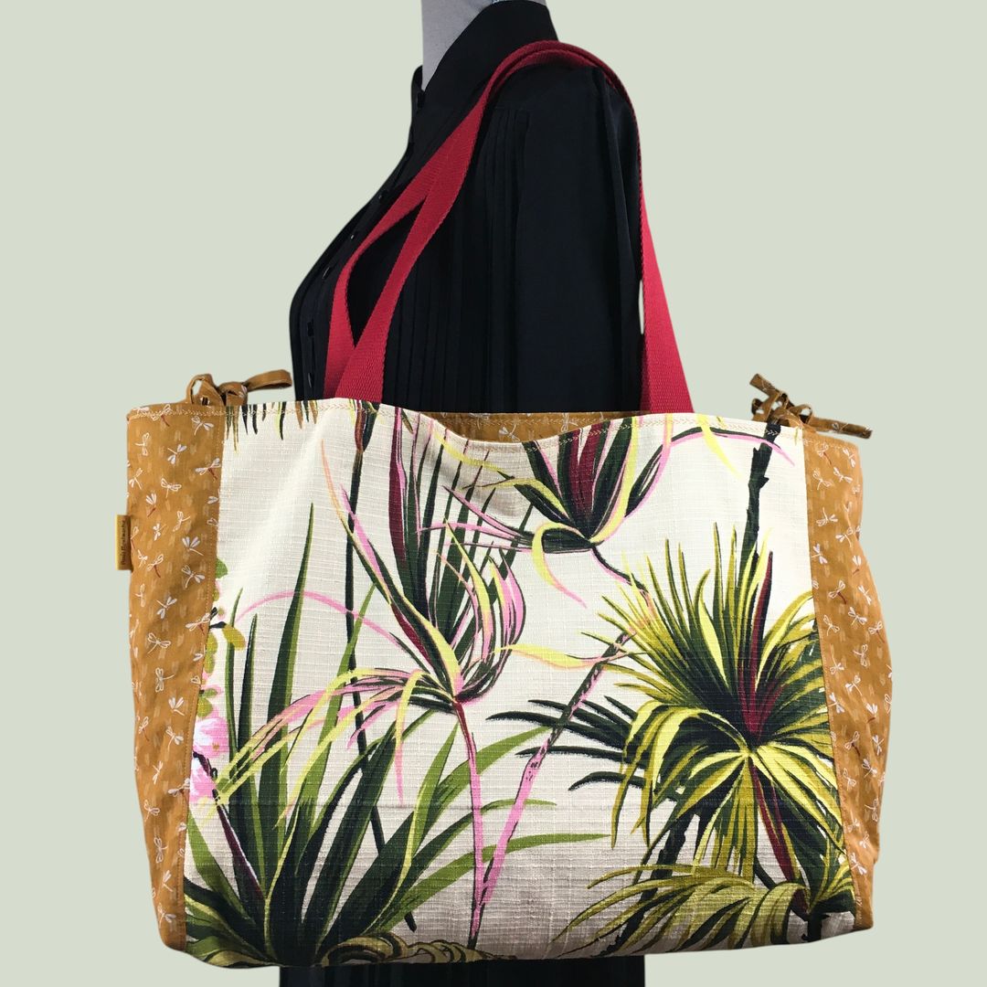Sac Tiki tropical, tissu vintage années 1950, cabas en toile fait main. Exemplaire 1, recto face B.